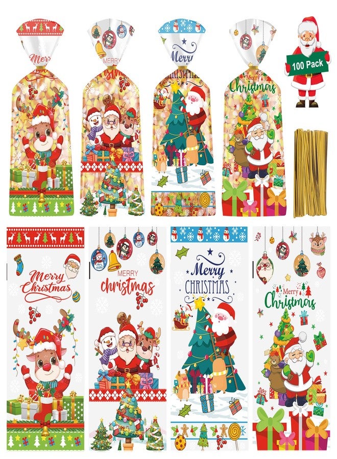 Litmitfu 100 Pcs Merry Christmas Treat Bags - Clear Xmas Cellophane Gift Goodie Bags, Plastic Santa Claus Goody Candy Snack Bag with Twist Ties for Winter Christmas Themed Party Supplies Favors, 4 Styles - Image 1